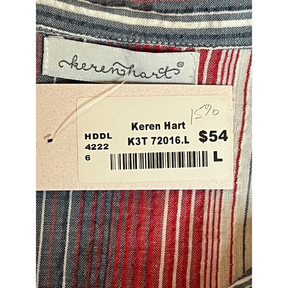 NWT Keren Hart Womens Striped Short Sleeve Shirt Large Red/Blue Cotton Button - Picture 10 of 16